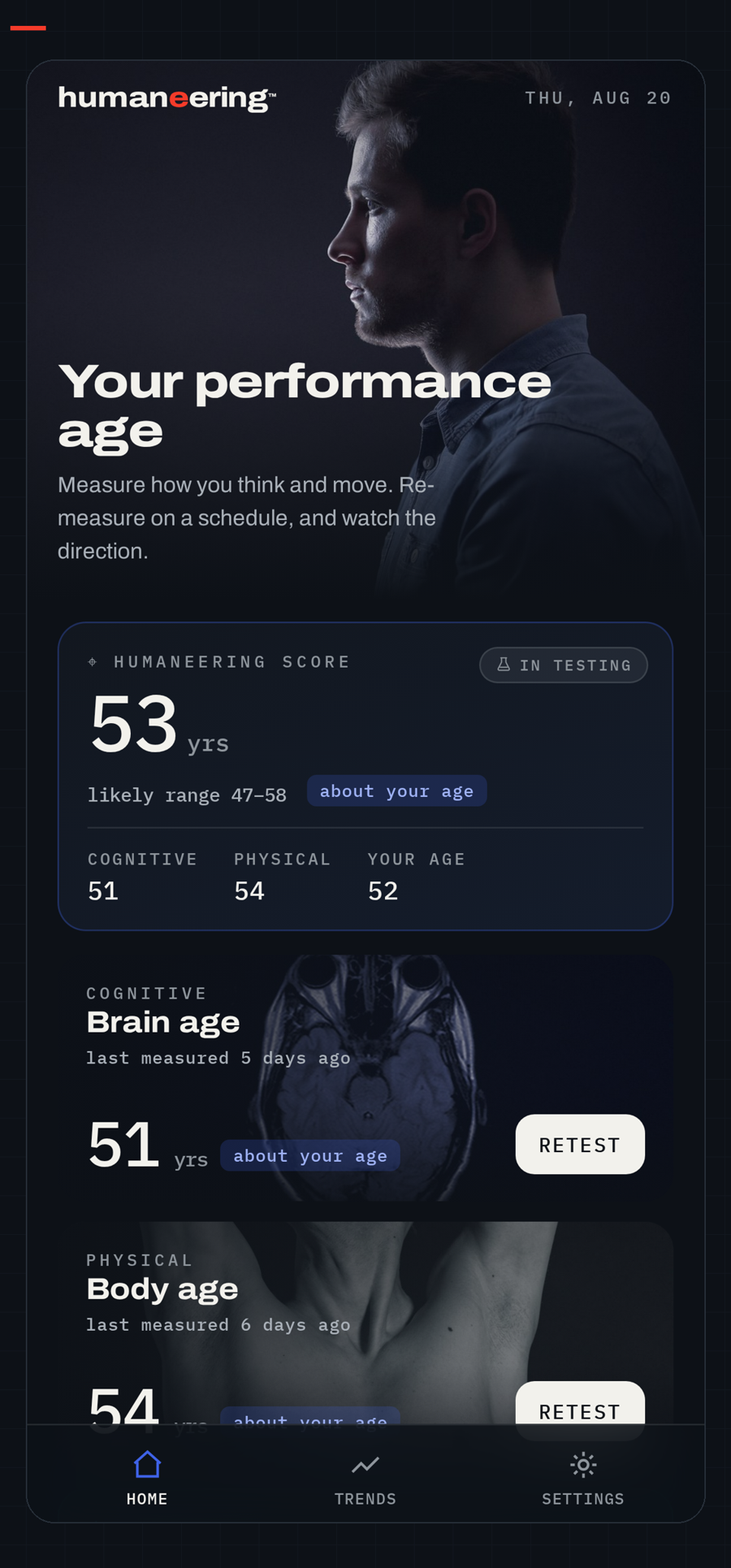 The Humaneering Performance Age app showing a performance age of 53, with brain age and body age, on iPhone.